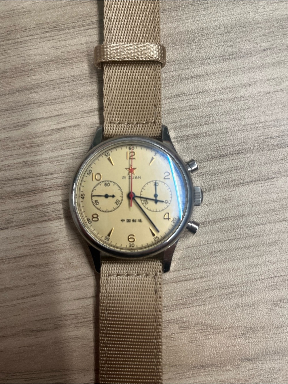 Seagull 1963 Beige Chronograph Military Watch Strap Included